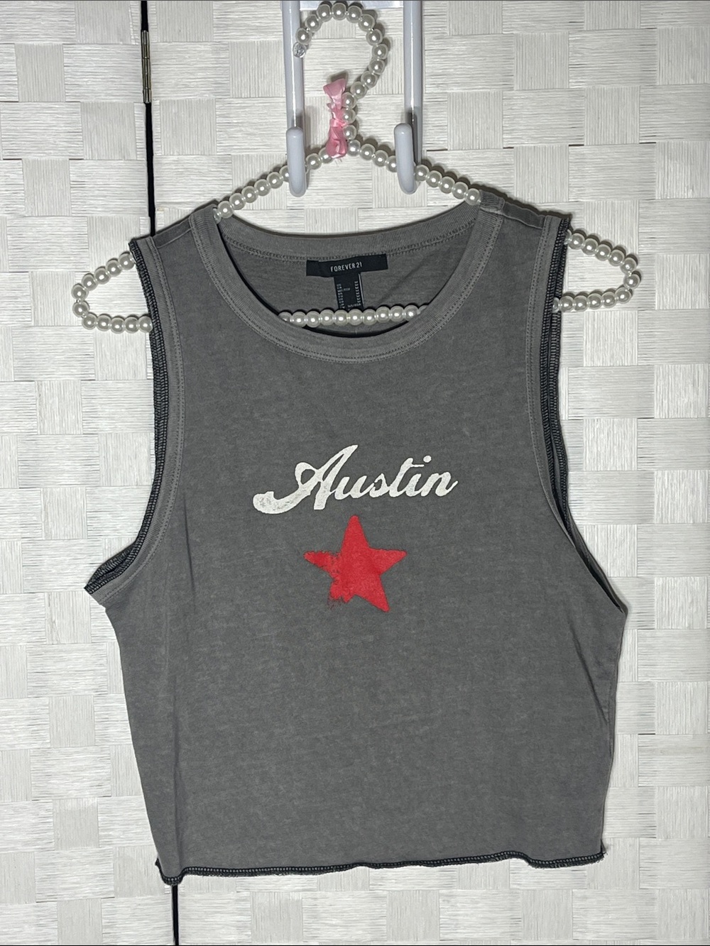 Forever 21 Gray Cropped Tank with White Austin Script & Red Star